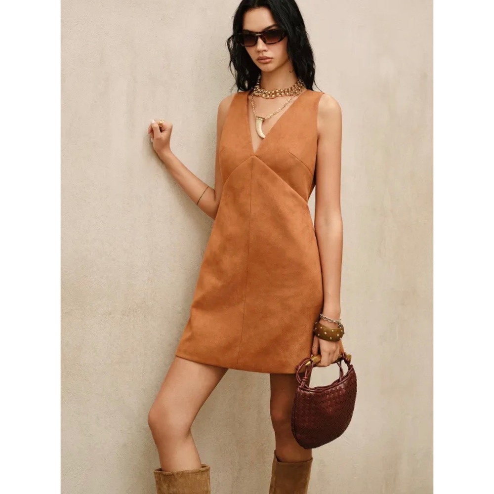 Commense Cognac Faux Suede V-Neck Mini Dress Brown Sleeveless A-Line L